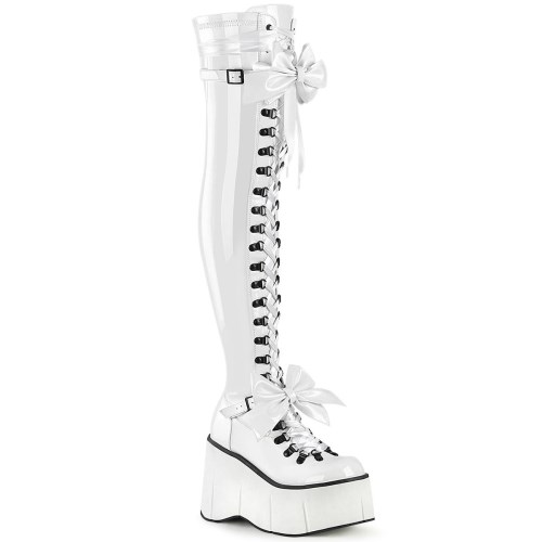 Botas Encima Rodilla Demonia Kera-303 Stretch Charol Mujer Blancos | MX-2-KMR