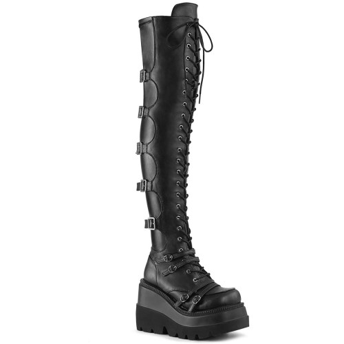 Botas Encima Rodilla Demonia Shaker-350 Vegan Cuero-Stretch Mujer Negros | MX-3-VKX