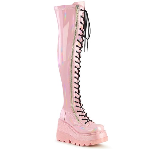 Botas Encima Rodilla Demonia Shaker-374 Hologram Stretch Charol Mujer Rosas | MX-6-PYT