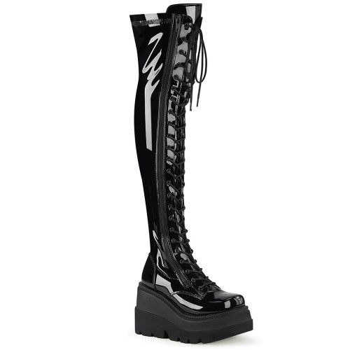 Botas Encima Rodilla Demonia Shaker-374 Stretch Charol Mujer Negros | MX-7-PJN