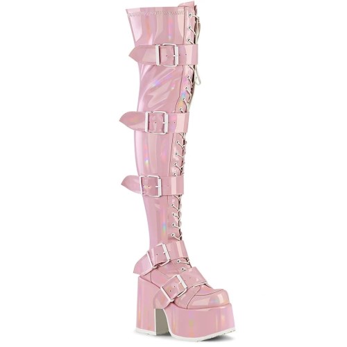 Botas Hasta La Rodilla Demonia Camel-305 Stretch Hologram Mujer Rosas | MX-4-JZD