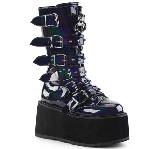 Botas Hasta La Rodilla Demonia Damned-225 Hologram Vegan Cuero Mujer Negros | MX-6-HSR