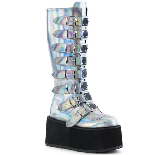 Botas Hasta La Rodilla Demonia Damned-318 Hologram Vegan Cuero Mujer Plateados | MX-0-VCI