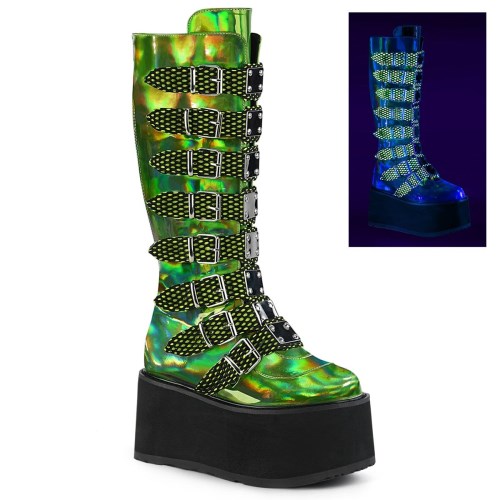 Botas Hasta La Rodilla Demonia Damned-318 Hologram Vegan Cuero Mujer Verdes | MX-9-YPW