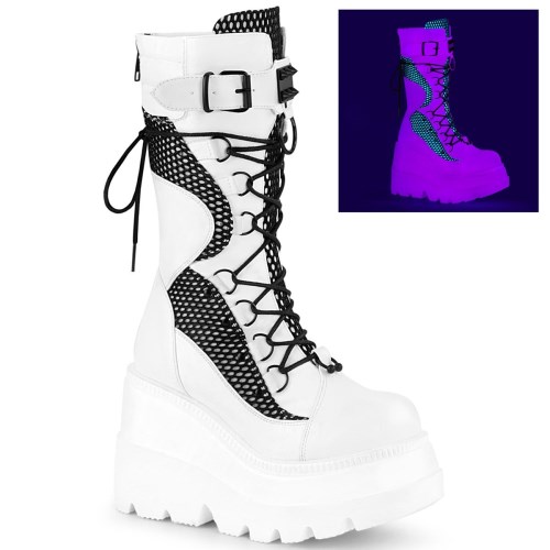 Botas Hasta La Rodilla Demonia Shaker-70 Vegan Cuero Fishnet Mujer Blancos | MX-3-YSX