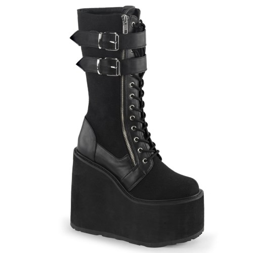 Botas Hasta La Rodilla Demonia Swing-221 Lona-Vegan Cuero Mujer Negros | MX-0-SFA