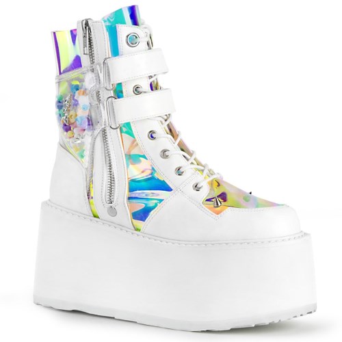 Botines Demonia Damned-115 Vegan Cuero-Clear Hologram PVC Mujer Blancos | MX-5-TZL