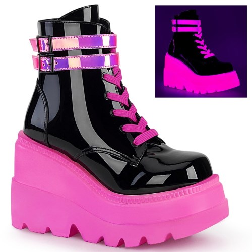 Botines Demonia Shaker-52 Charol-UV Neon Mujer Negros Rosas | MX-4-OGX