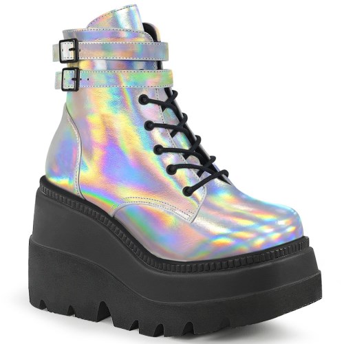 Botines Demonia Shaker-52 Hologram Mujer Plateados | MX-8-COB