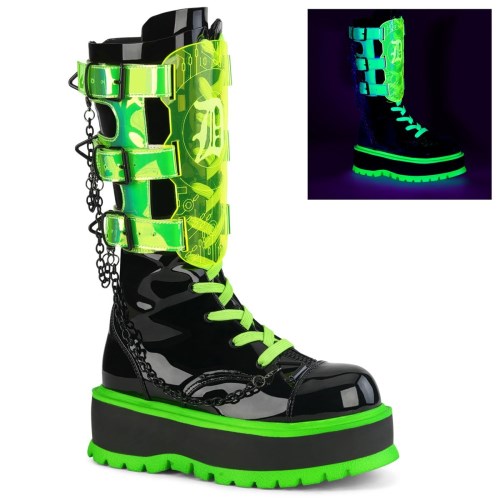 Botines Demonia Slacker-156 Charol-UV Neon Mujer Verdes Negros | MX-1-XHN