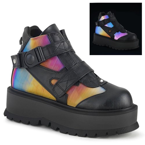 Botines Demonia Slacker-32 Vegan Cuero-Rainbow Reflective Mujer Negros Multicolor | MX-5-XBJ