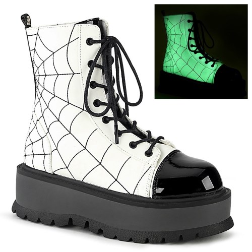 Botines Demonia Slacker-88 Glow Vegan Cuero Charol Mujer Blancos | MX-6-RAJ