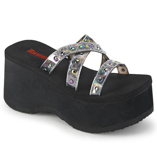 Sandalias Demonia Funn-19 Oil Flick Hologram Mujer Negros Plateados | MX-2-BSF