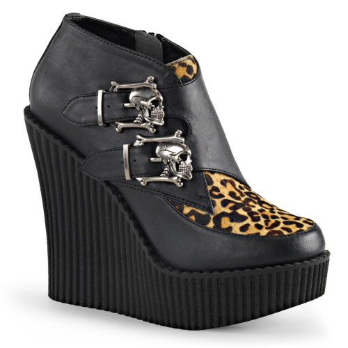 Zapatos Creepers Demonia Creeper-306 V. Cuero-Tan Animal Mujer Negros | MX-4-XPJ