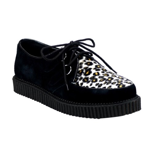 Zapatos Creepers Demonia Creeper-600 Gamuza-Cheetah Fur Hombre Negros | MX-2-QUD