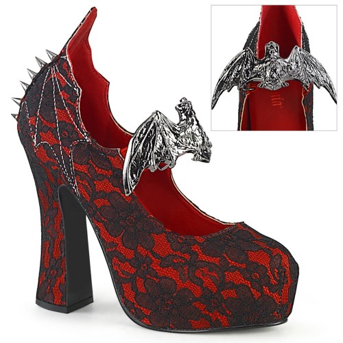 Zapatos De Tacon Demonia Demon-18 Satin Encaje Mujer Rojos Negros | MX-7-XLS