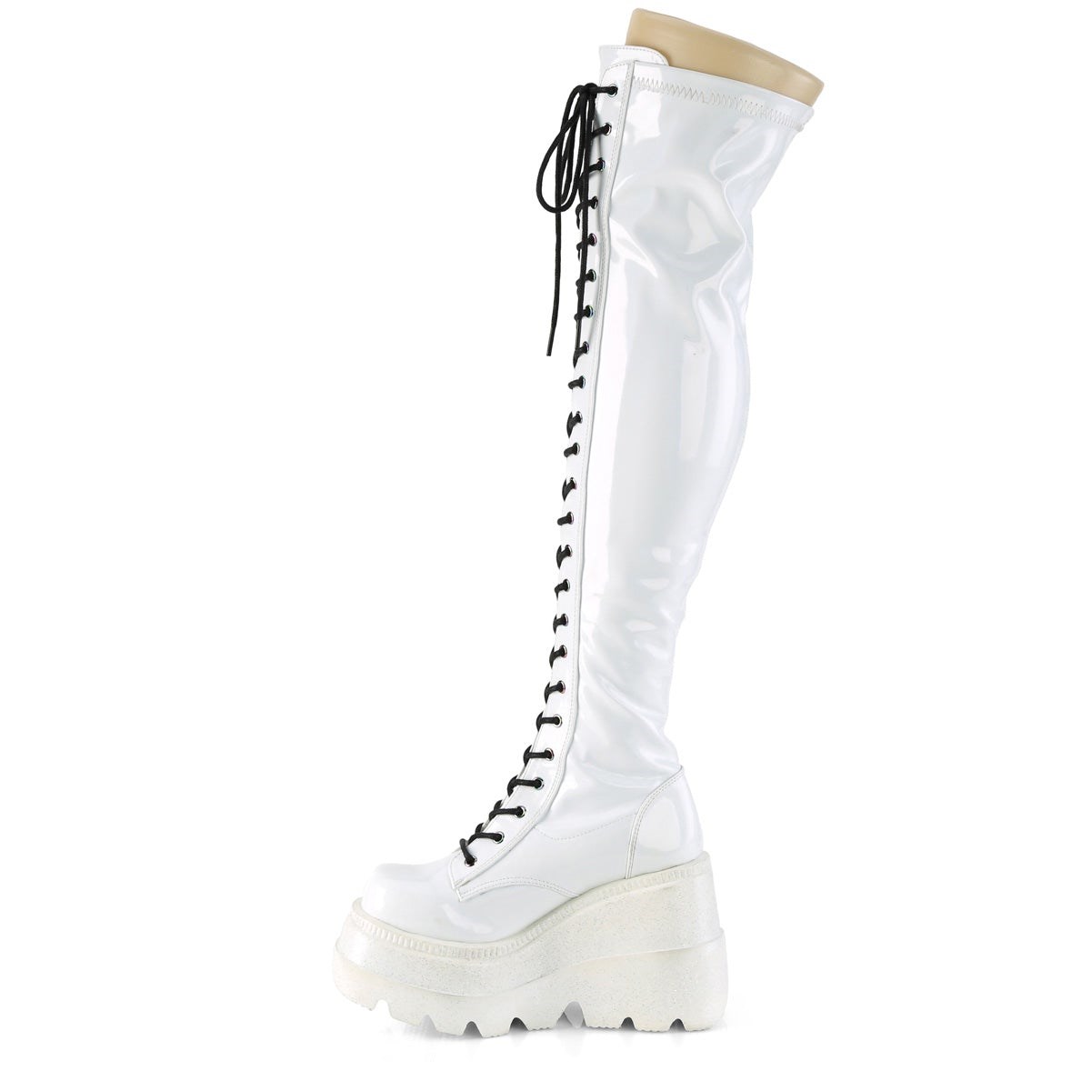 Botas Encima Rodilla Demonia Shaker-374 Hologram Stretch Charol Mujer Blancos | MX-1-PQF