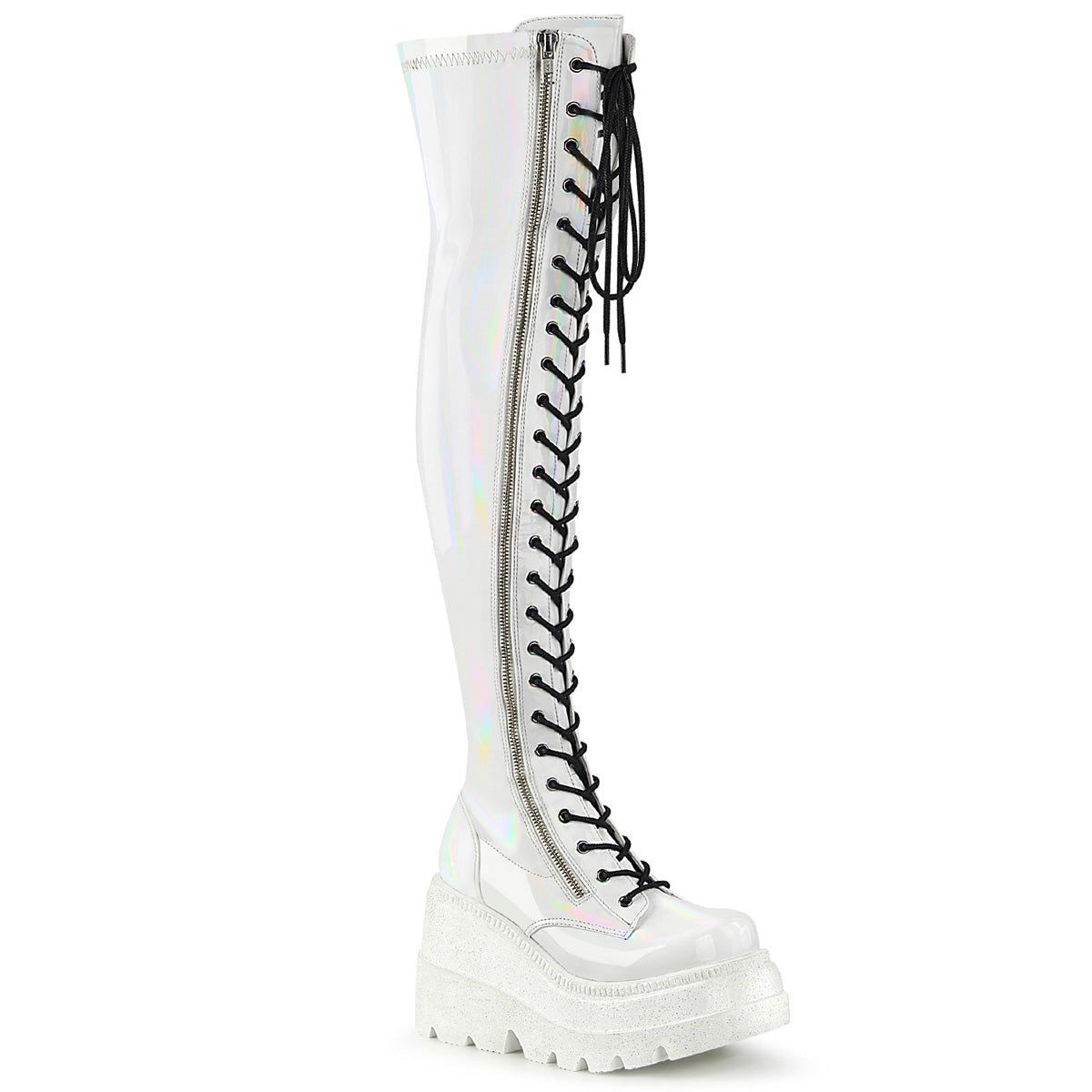 Botas Encima Rodilla Demonia Shaker-374 Hologram Stretch Charol Mujer Blancos | MX-1-PQF