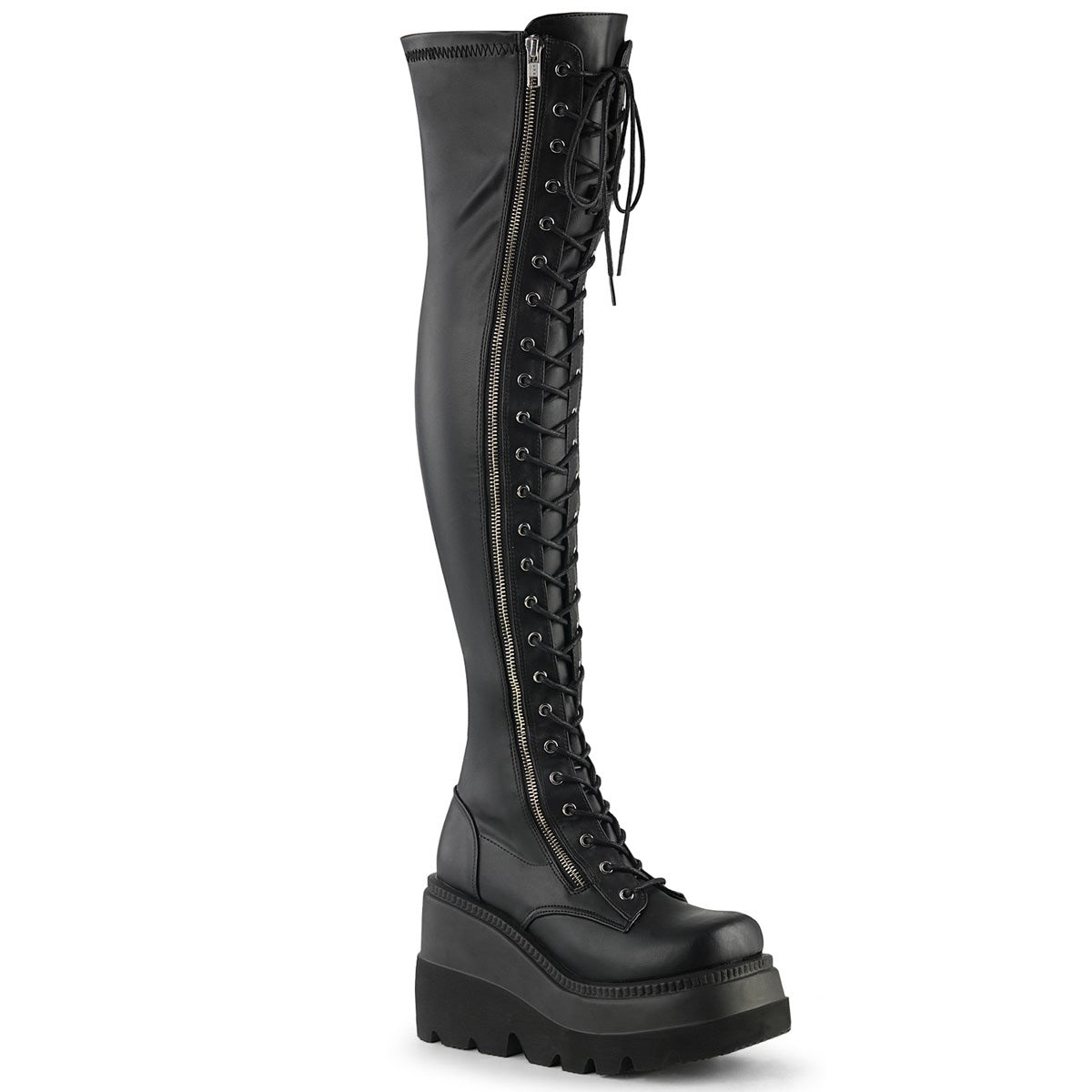 Botas Encima Rodilla Demonia Shaker-374 Str. Vegan Cuero Mujer Negros | MX-5-VRN