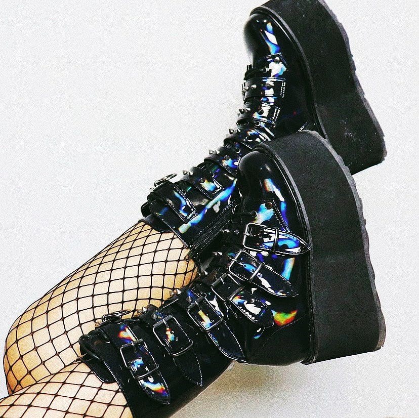 Botas Hasta La Rodilla Demonia Damned-225 Hologram Vegan Cuero Mujer Negros | MX-6-HSR