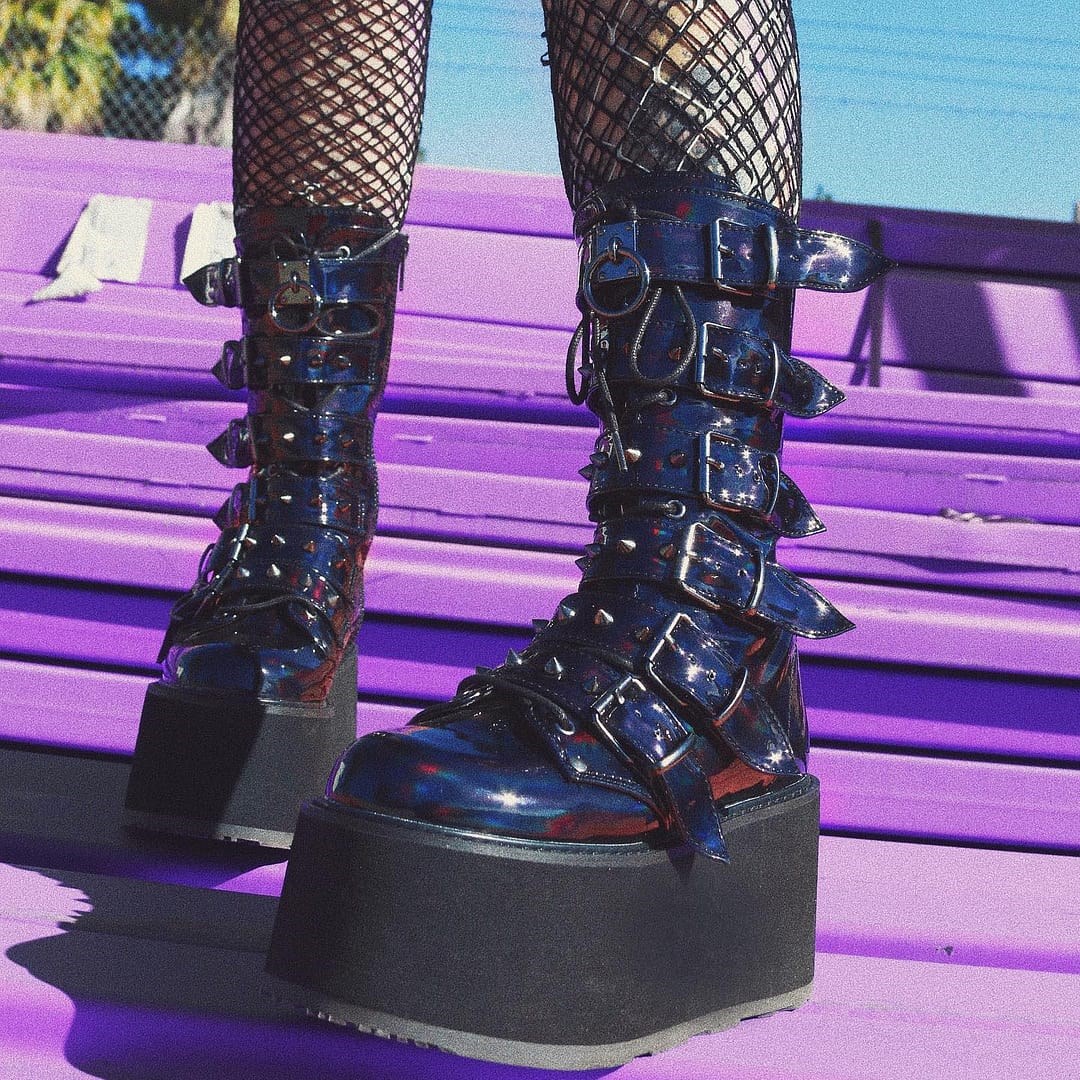 Botas Hasta La Rodilla Demonia Damned-225 Hologram Vegan Cuero Mujer Negros | MX-6-HSR