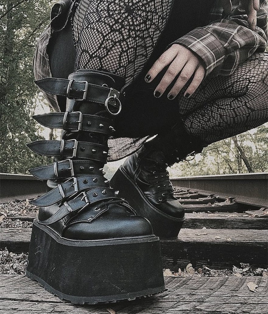 Botas Hasta La Rodilla Demonia Damned-225 Vegan Cuero Mujer Negros | MX-9-DCS