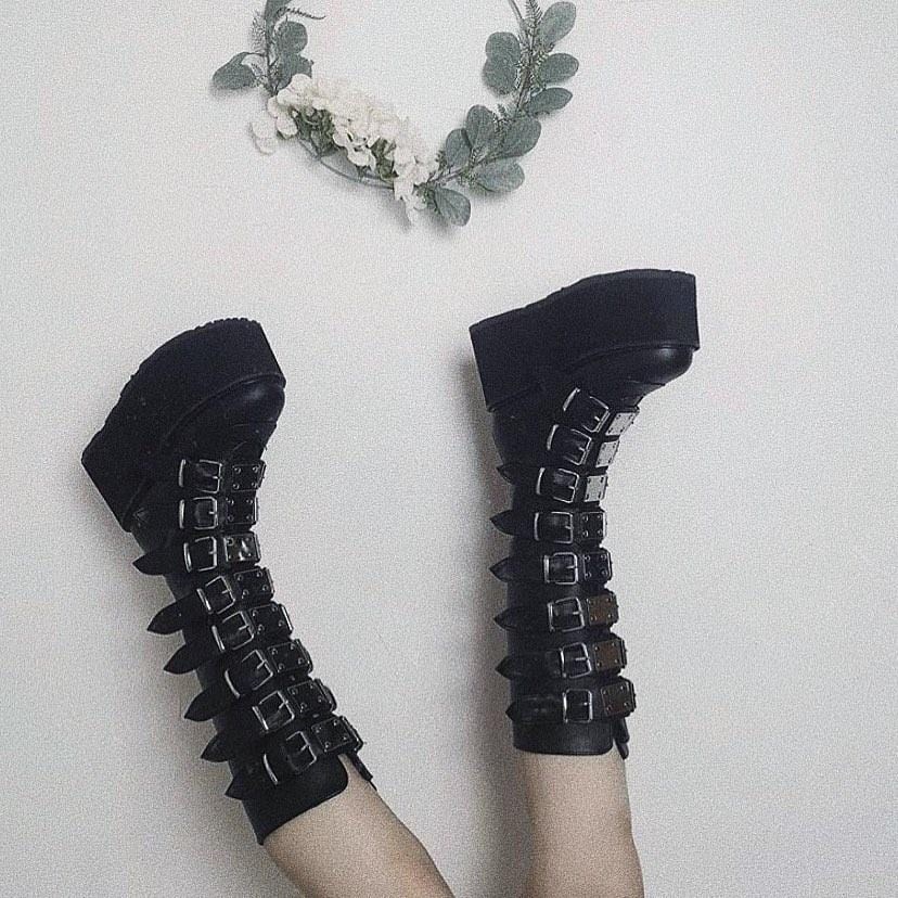 Botas Hasta La Rodilla Demonia Damned-318 Vegan Cuero Mujer Negros | MX-7-BLQ