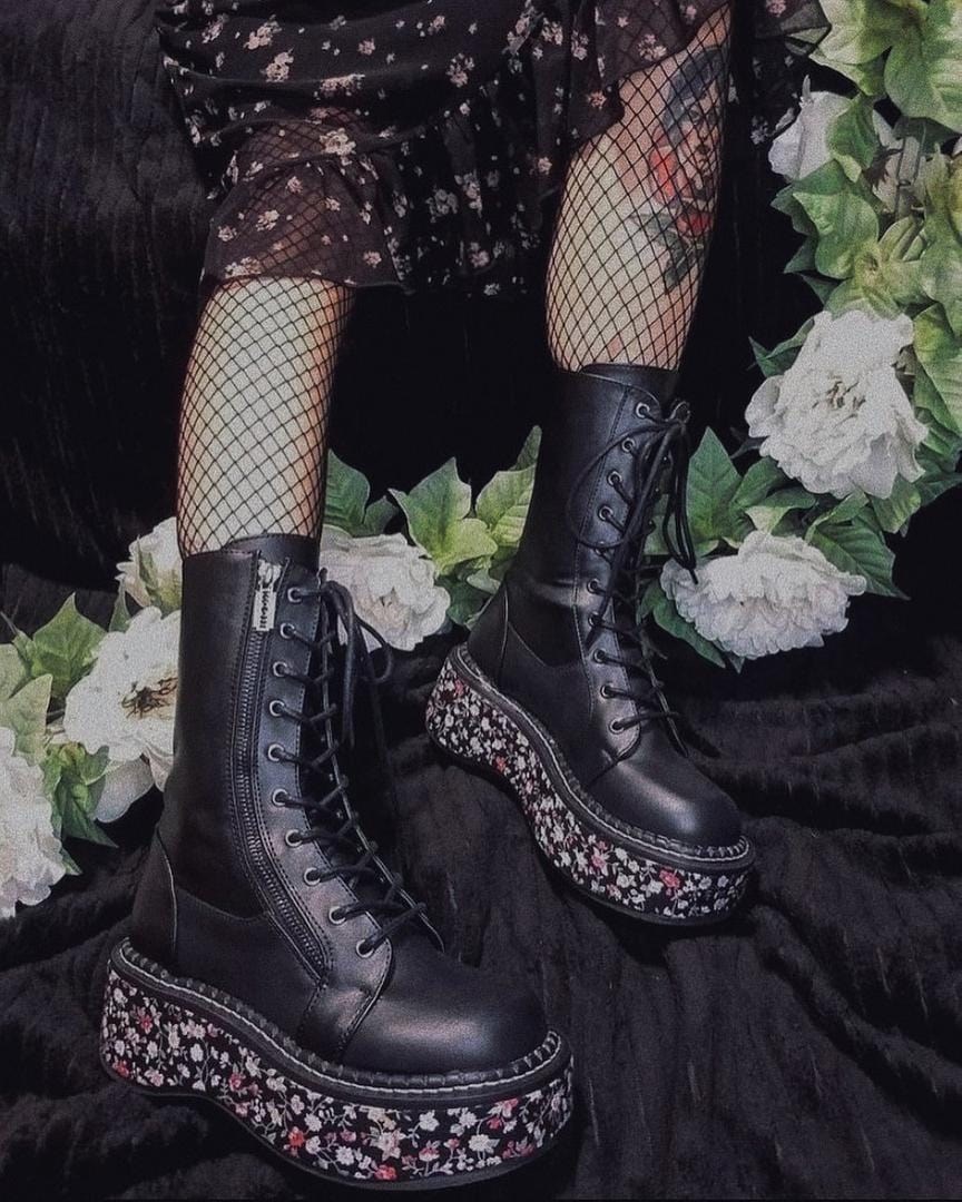 Botas Hasta La Rodilla Demonia Emily-350 Vegan Cuero-Floral Fabric Mujer Negros | MX-0-RNG