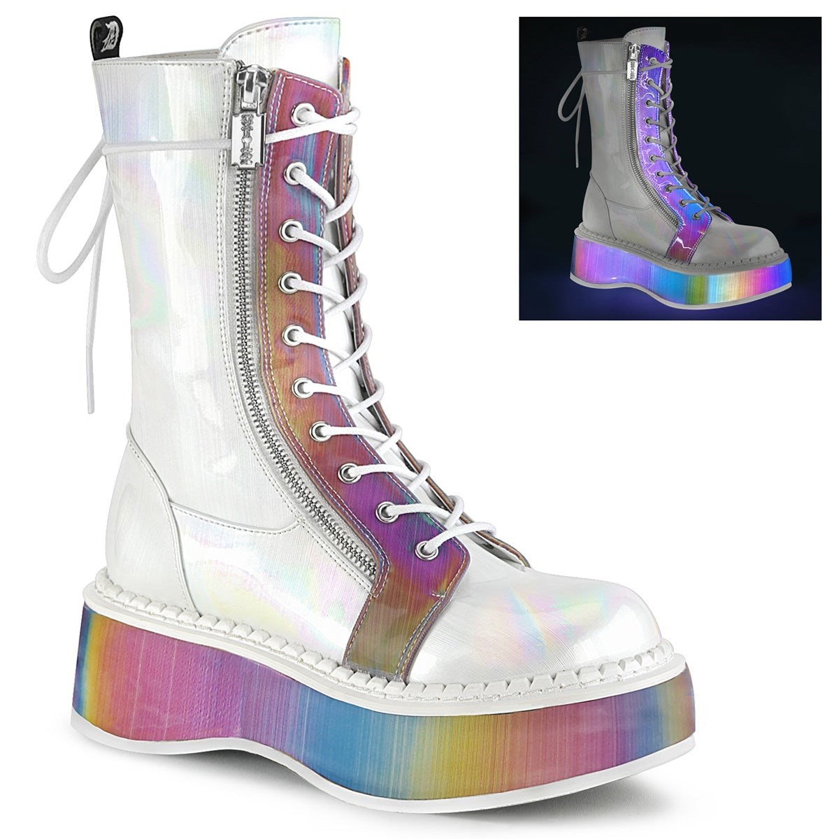 Botas Hasta La Rodilla Demonia Emily-350 Brushed Hologram Vegan Cuero-Rainbow Reflective Mujer Blancos | MX-6-OTU