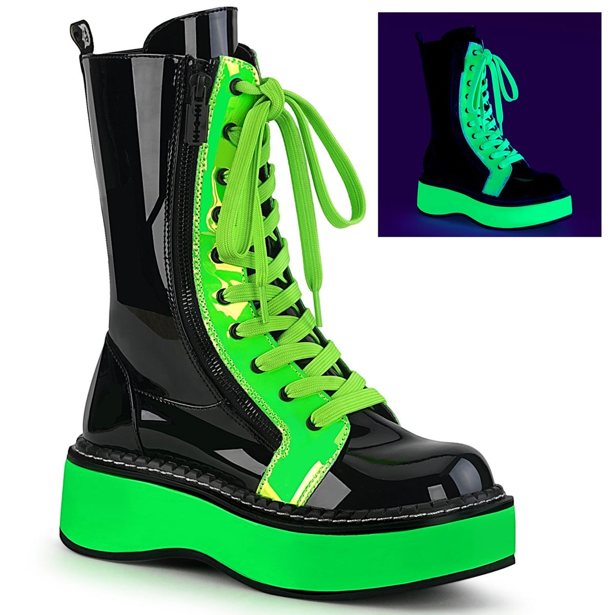 Botas Hasta La Rodilla Demonia Emily-350 UV Neon Mujer Negros Verdes | MX-8-MYH