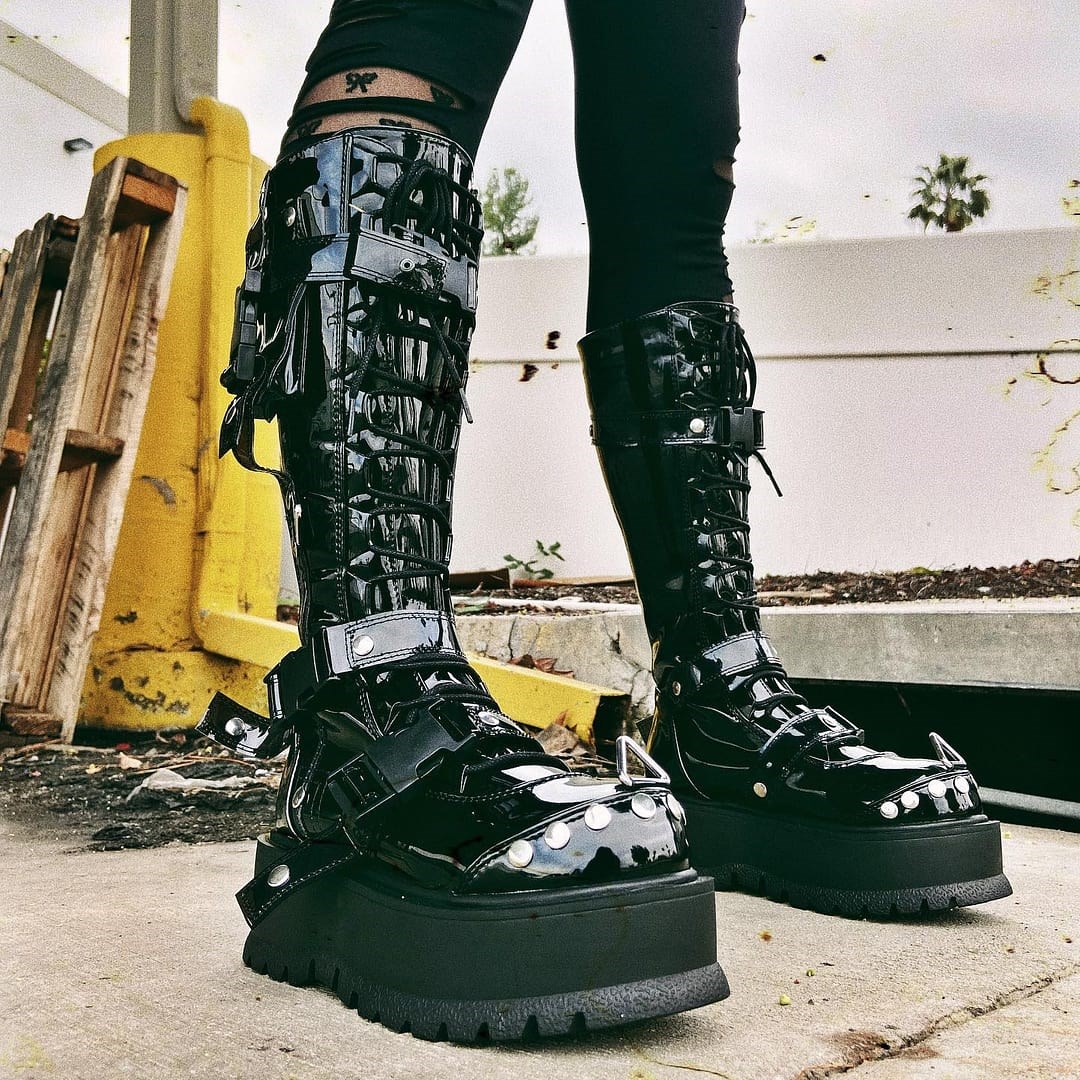 Botas Hasta La Rodilla Demonia Slacker-260 Charol Mujer Negros | MX-4-ZBC