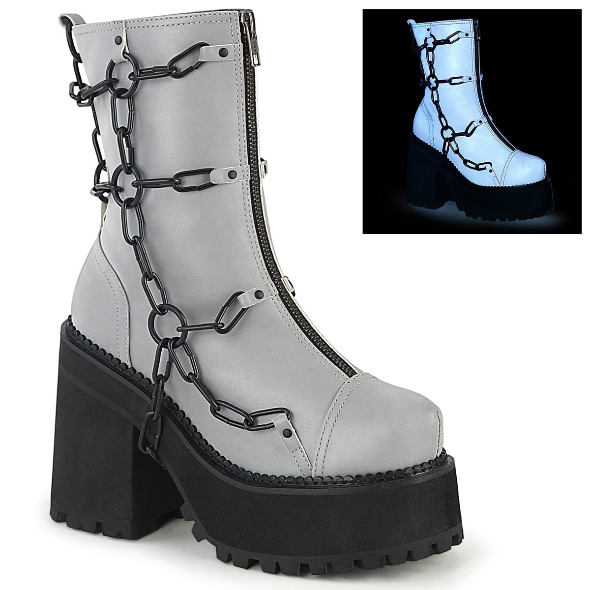 Botines Demonia Assault-66 Reflective Vegan Cuero Mujer Grises | MX-7-SHE