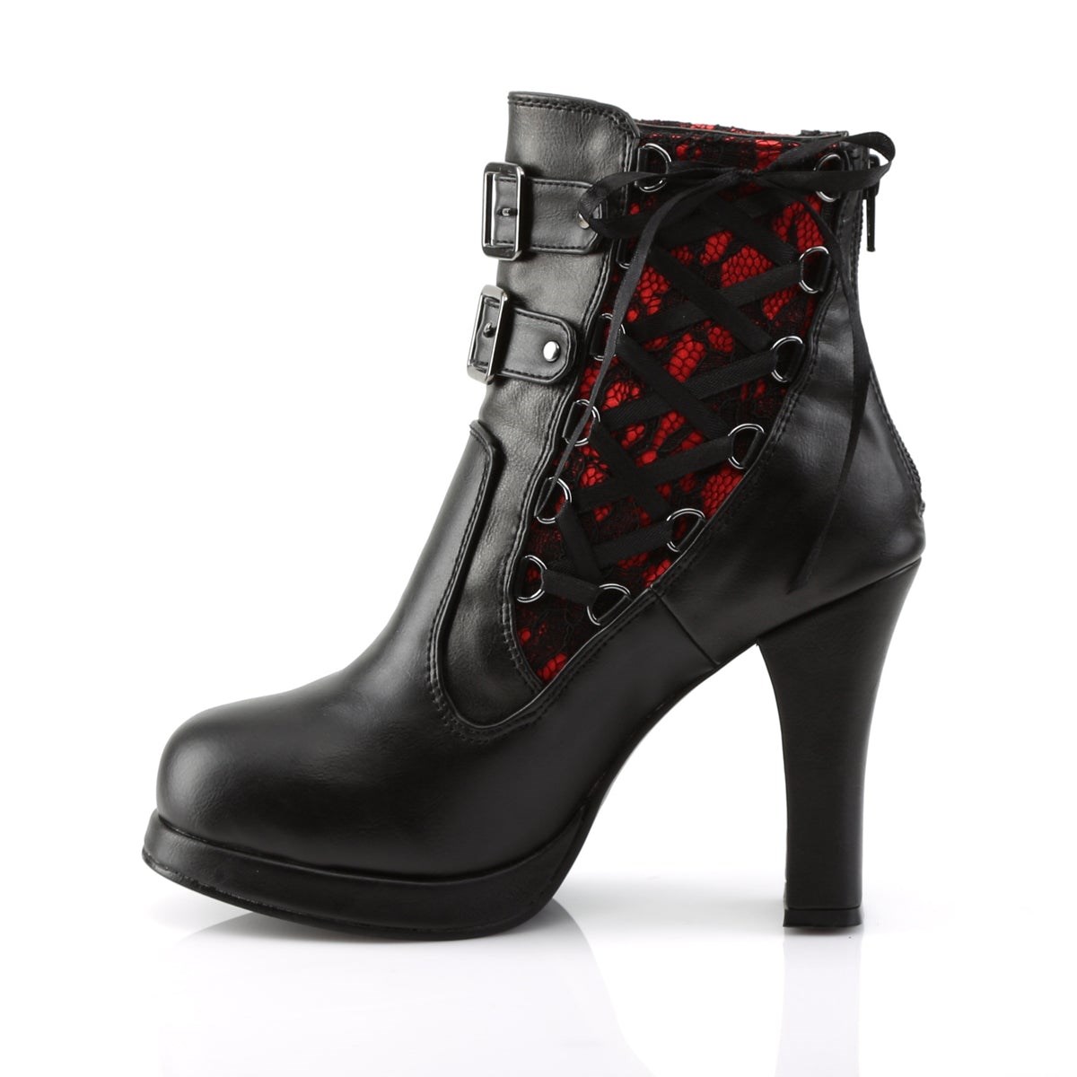 Botines Demonia Crypto-51 Encaje Vegan Cuero Mujer Negros Rojos | MX-7-ZYL