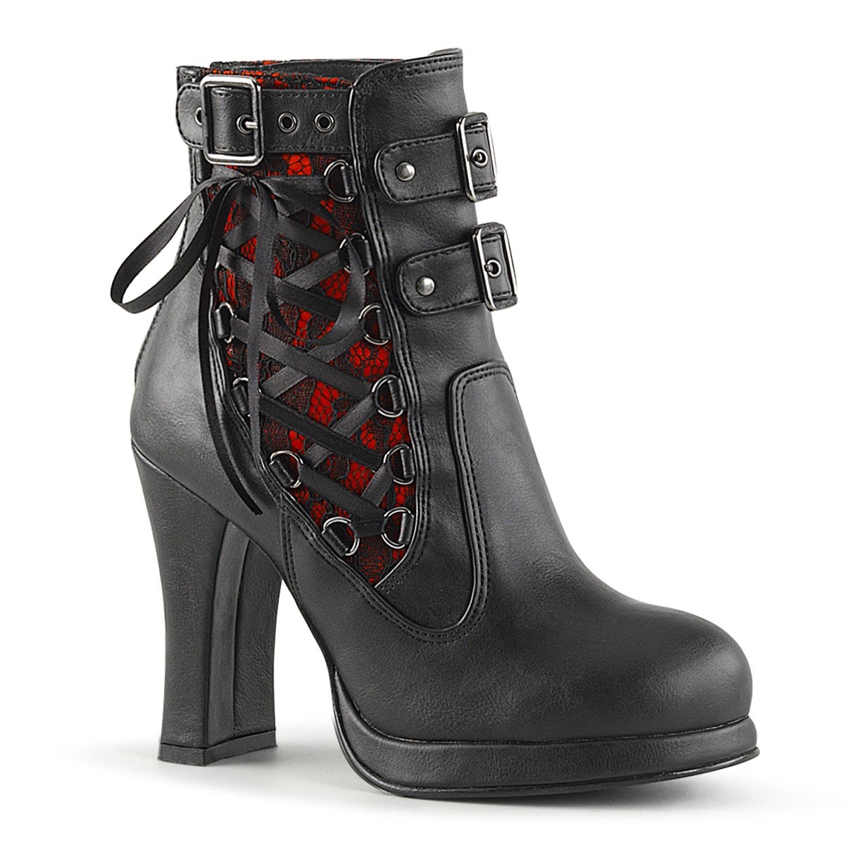 Botines Demonia Crypto-51 Encaje Vegan Cuero Mujer Negros Rojos | MX-7-ZYL