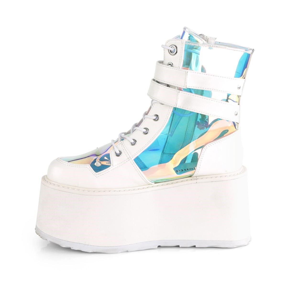 Botines Demonia Damned-115 Vegan Cuero-Clear Hologram PVC Mujer Blancos | MX-5-TZL