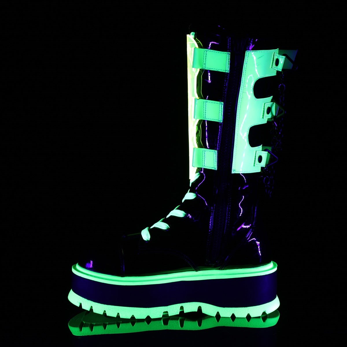 Botines Demonia Slacker-156 Charol-UV Neon Mujer Verdes Negros | MX-1-XHN