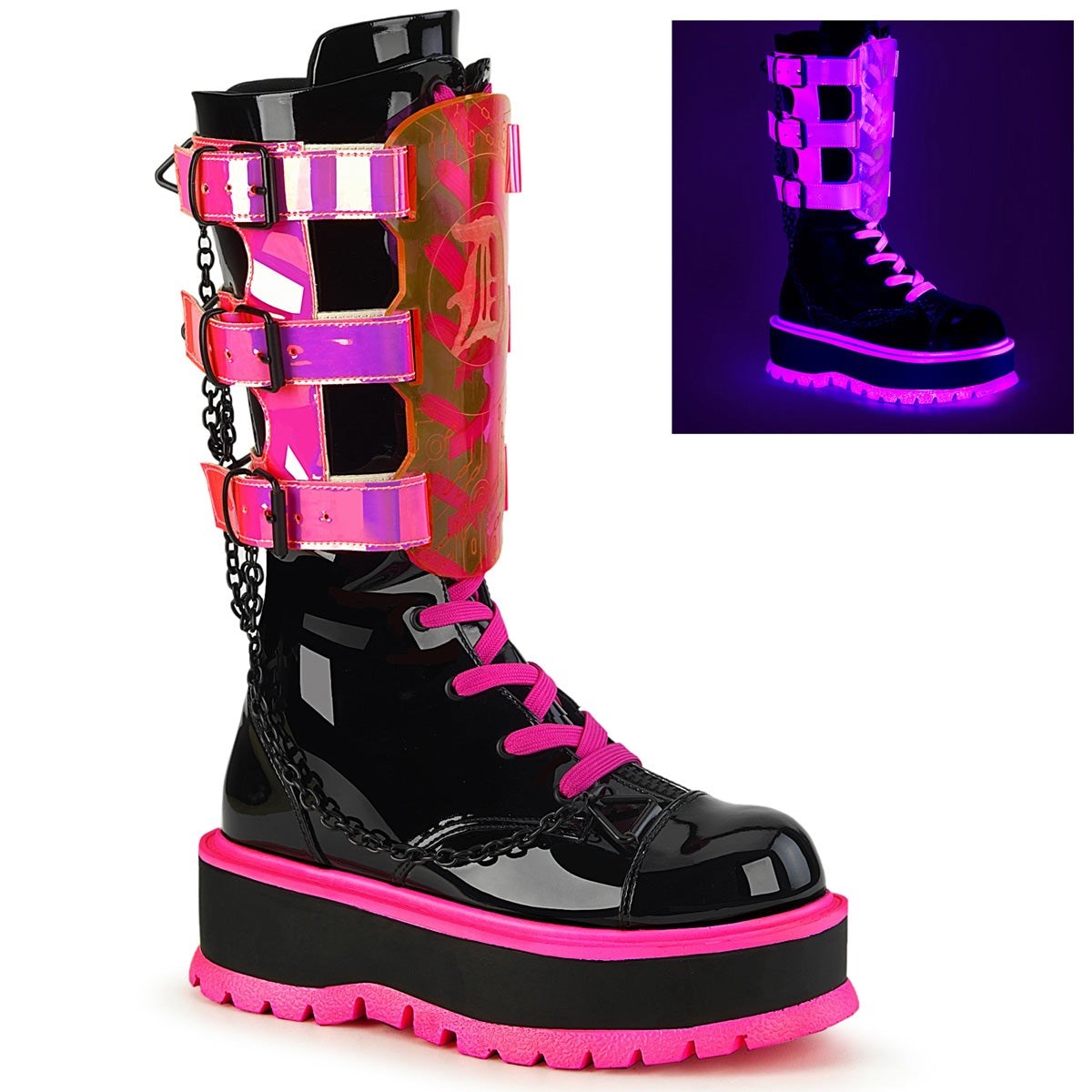 Botines Demonia Slacker-156 Charol-UV Neon Mujer Rosas Negros | MX-9-SCZ