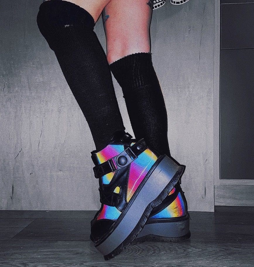 Botines Demonia Slacker-32 Vegan Cuero-Rainbow Reflective Mujer Negros Multicolor | MX-5-XBJ