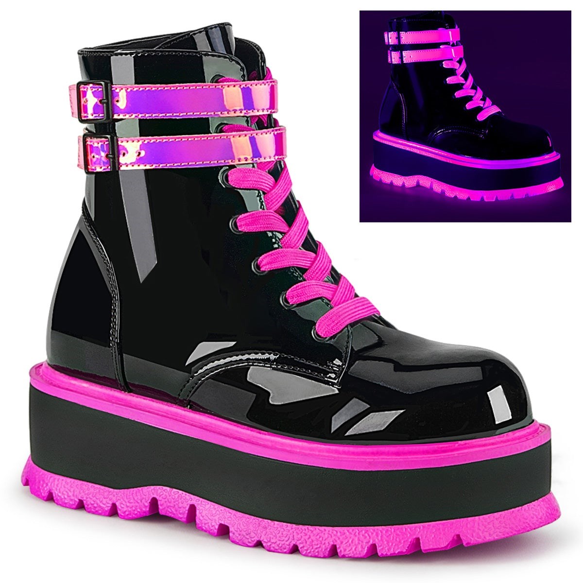 Botines Demonia Slacker-52 UV Iridescent Mujer Negros Rosas | MX-4-MVK