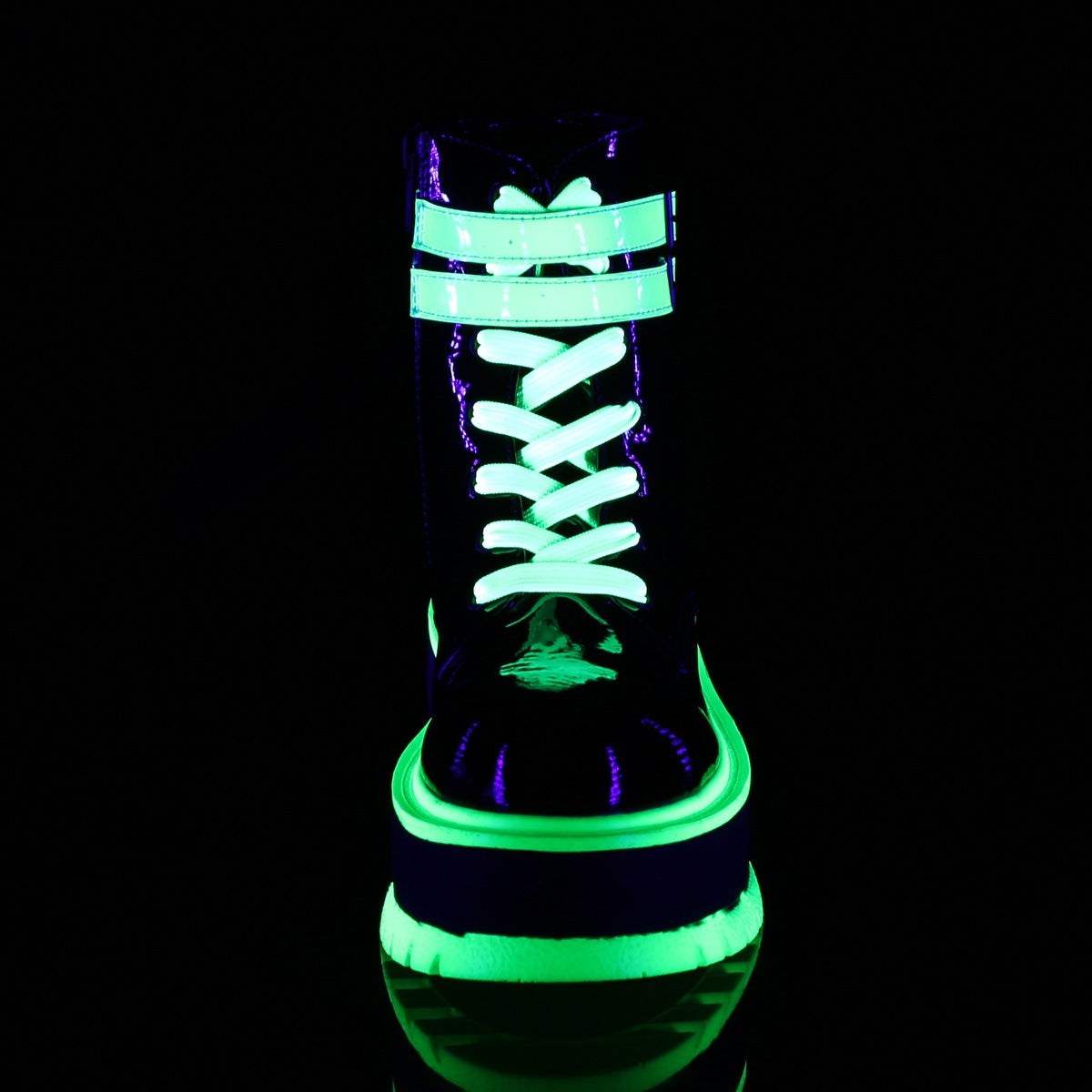 Botines Demonia Slacker-52 UV Iridescent Mujer Negros Verdes | MX-8-SQK