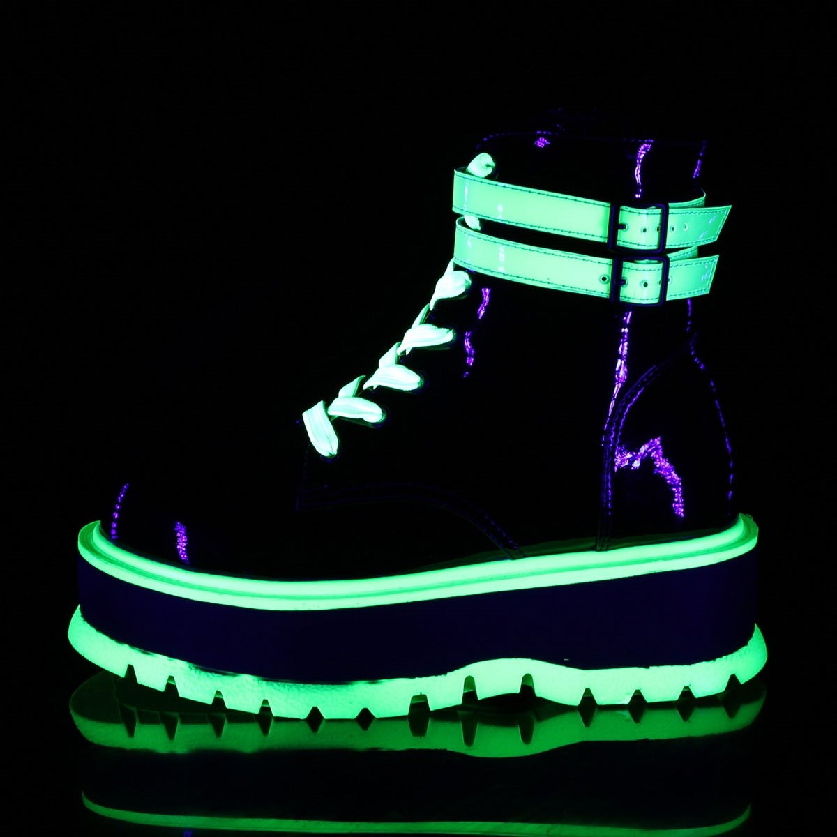 Botines Demonia Slacker-52 UV Iridescent Mujer Negros Verdes | MX-8-SQK