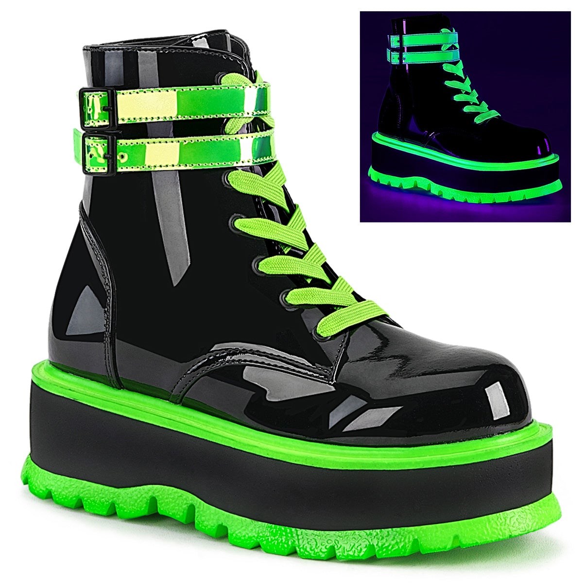 Botines Demonia Slacker-52 UV Iridescent Mujer Negros Verdes | MX-8-SQK