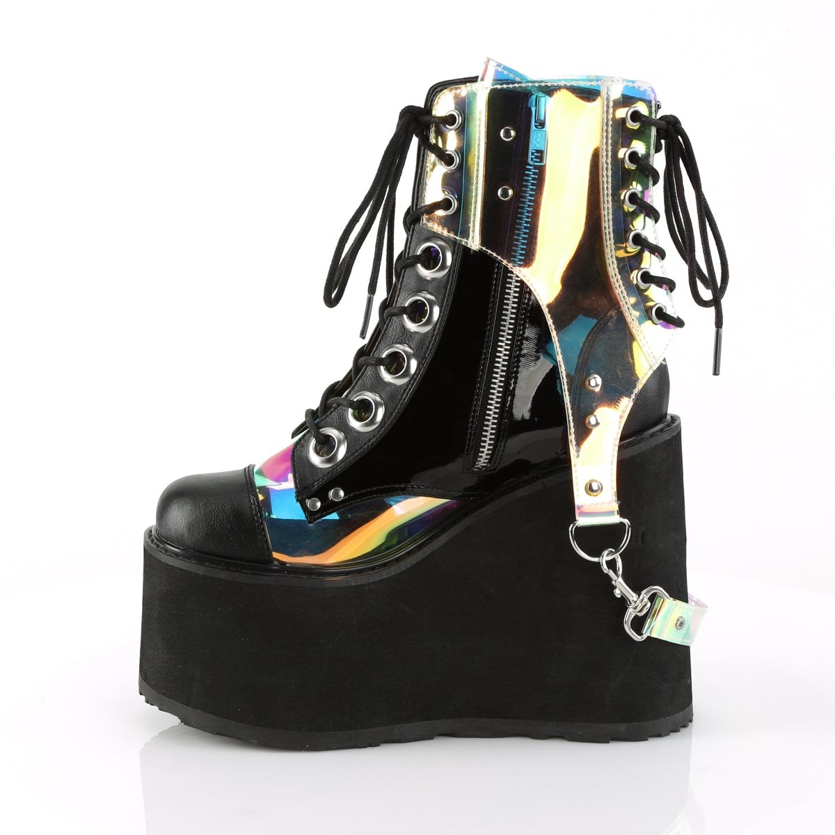 Botines Demonia Swing-115 Vegan Cuero-Charol-Magic Mirror Faux Cuero Mujer Negros Multicolor | MX-2-BYH