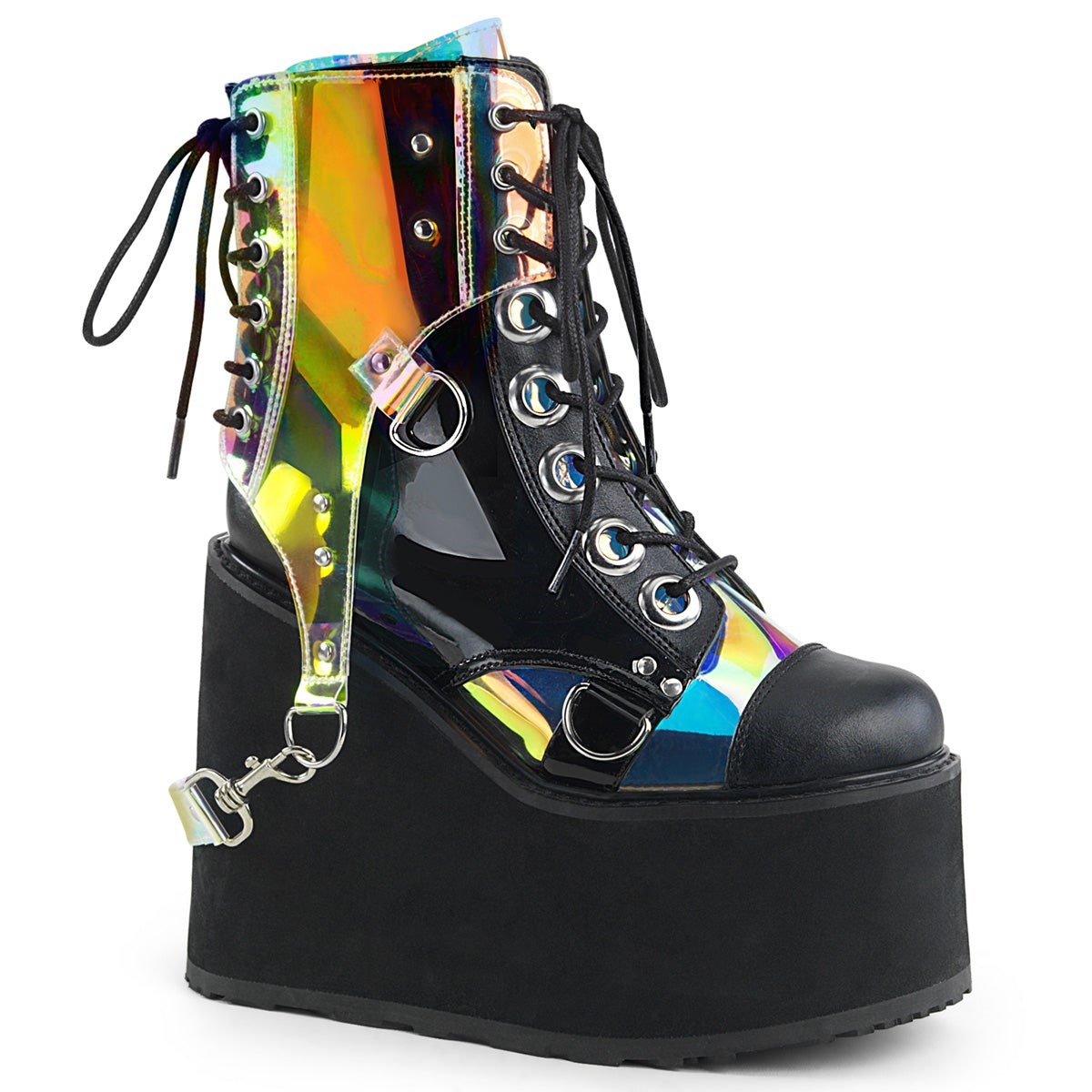 Botines Demonia Swing-115 Vegan Cuero-Charol-Magic Mirror Faux Cuero Mujer Negros Multicolor | MX-2-BYH