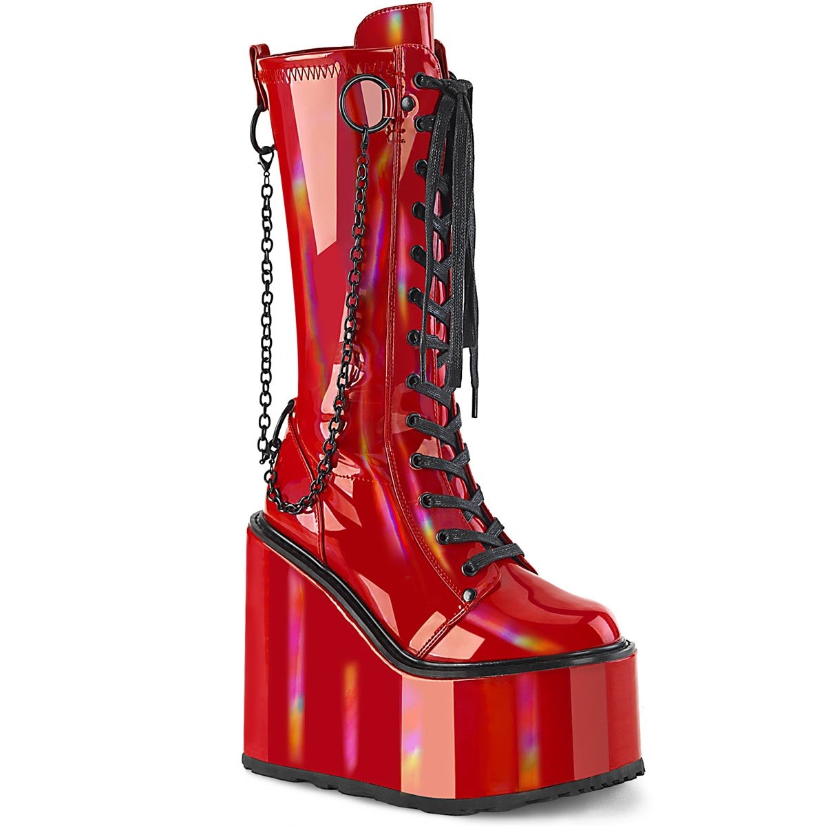 Botines Demonia Swing-150 Holographic Stretch Charol Mujer Rojos | MX-1-YOG