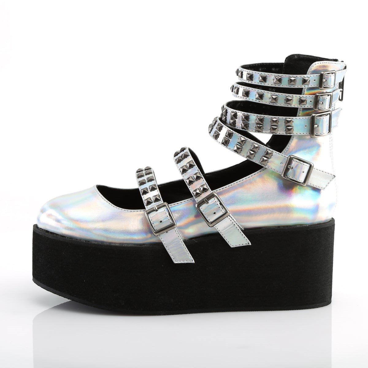 Zapatos Plataforma Demonia Grip-31 Hologram Vegan Cuero Mujer Plateados | MX-9-RCF